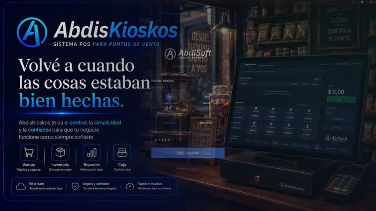 Pantalla de venta de AbdisKioscos: ticket en curso, catálogo de productos con precios y botón de cobro.